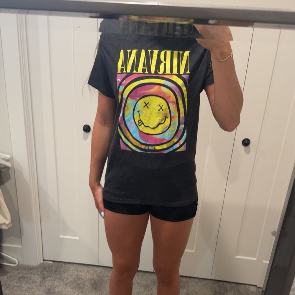 NIRVANA Black Tee with Colorful Smiley Graphic